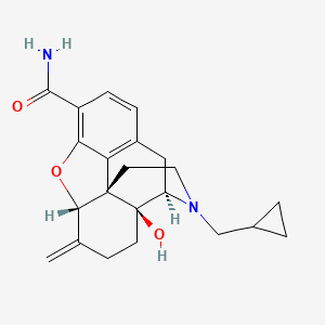 molecular formula C22H26N2O3 B10792423 (1S,5R,13S,17S)-4-(cyclopropylmethyl)-17-hydroxy-14-methylidene-12-oxa-4-azapentacyclo[9.6.1.0^{1,13}.0^{5,17}.0^{7,18}]octadeca-7,9,11(18)-triene-10-carboxamide 