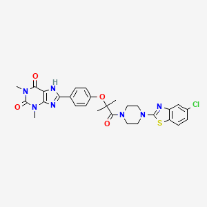 molecular formula C28H28ClN7O4S B10793185 8-(4-(1-(4-(5-chlorobenzo[d]thiazol-2-yl)piperazin-1-yl)-2-methyl-1-oxopropan-2-yloxy)phenyl)-1,3-dimethyl-1H-purine-2,6(3H,7H)-dione 