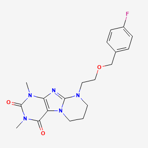 molecular formula C19H22FN5O3 B10794343 9-[2-[(4-fluorophenyl)methoxy]ethyl]-1,3-dimethyl-7,8-dihydro-6H-purino[7,8-a]pyrimidine-2,4-dione 