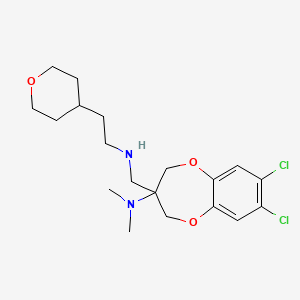 molecular formula C19H28Cl2N2O3 B10794571 7,8-dichloro-N,N-dimethyl-3-((2-(tetrahydro-2H-pyran-4-yl)ethylamino)methyl)-3,4-dihydro-2H-benzo[b][1,4]dioxepin-3-amine 