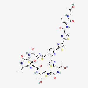 molecular formula C48H49N13O10S6 B10795811 2-[2-[26-ethylidene-12,29-bis(1-hydroxyethyl)-19-(2-hydroxypropan-2-yl)-14,21,28,31-tetraoxo-10,17,24,34-tetrathia-6,13,20,27,30,35,36,37,38-nonazahexacyclo[30.2.1.18,11.115,18.122,25.02,7]octatriaconta-1(35),2(7),3,5,8,11(38),15,18(37),22,25(36),32-undecaen-5-yl]-1,3-thiazol-4-yl]-N-[1-(2-hydroxypropylamino)-1-oxobut-2-en-2-yl]-1,3-thiazole-4-carboxamide 