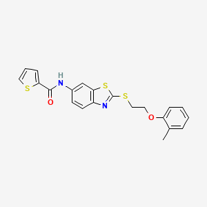 molecular formula C21H18N2O2S3 B10796000 N-(2-{[2-(2-Methylphenoxy)ethyl]sulfanyl}-1,3-benzothiazol-6-YL)thiophene-2-carboxamide 