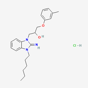 molecular formula C23H32ClN3O2 B10796218 1-(3-Hexyl-2-iminobenzimidazol-1-yl)-3-(3-methylphenoxy)propan-2-ol;hydrochloride 