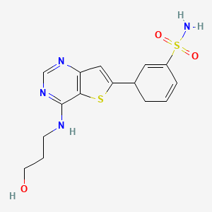 molecular formula C15H18N4O3S2 B10798657 3-[4-(3-Hydroxypropylamino)thieno[3,2-d]pyrimidin-6-yl]cyclohexa-1,5-diene-1-sulfonamide 