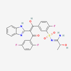 molecular formula C25H19F3N4O5S B10799511 (2R)-N'-[5-[(E)-2-(1H-benzimidazol-2-yl)-3-(2,5-difluorophenyl)-1-hydroxy-3-oxoprop-1-enyl]-2-fluorophenyl]sulfonyl-2-hydroxypropanimidamide 