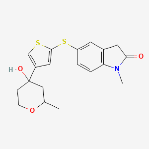 molecular formula C19H21NO3S2 B10799549 5-[4-(4-hydroxy-2-methyloxan-4-yl)thiophen-2-yl]sulfanyl-1-methyl-3H-indol-2-one 