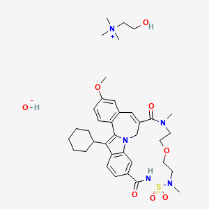 molecular formula C37H53N5O8S B10800343 28-cyclohexyl-22-methoxy-10,16-dimethyl-9,9-dioxo-13-oxa-9λ6-thia-1,8,10,16-tetrazapentacyclo[16.8.1.12,6.13,26.020,25]nonacosa-2,4,6(29),18,20(25),21,23,26(28)-octaene-7,17-dione;2-hydroxyethyl(trimethyl)azanium;hydroxide 