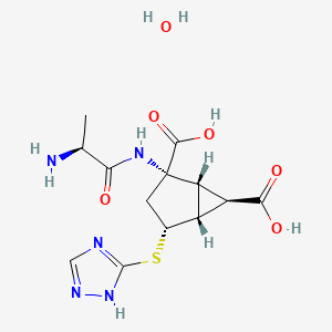 molecular formula C13H19N5O6S B10800717 (1R,2S,4R,5R,6R)-2-[[(2S)-2-aminopropanoyl]amino]-4-(1H-1,2,4-triazol-5-ylsulfanyl)bicyclo[3.1.0]hexane-2,6-dicarboxylic acid;hydrate 