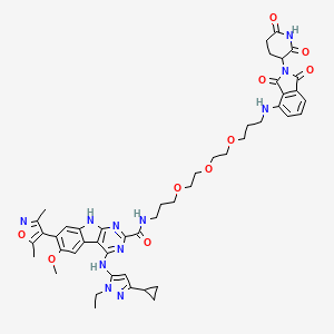 molecular formula C48H55N11O10 B10800725 4-[(5-cyclopropyl-2-ethylpyrazol-3-yl)amino]-7-(3,5-dimethyl-1,2-oxazol-4-yl)-N-[3-[2-[2-[3-[[2-(2,6-dioxopiperidin-3-yl)-1,3-dioxoisoindol-4-yl]amino]propoxy]ethoxy]ethoxy]propyl]-6-methoxy-9H-pyrimido[4,5-b]indole-2-carboxamide 