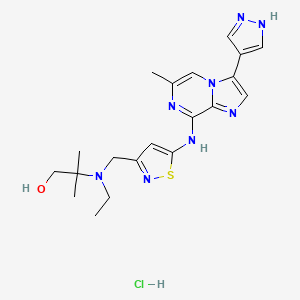 molecular formula C20H27ClN8OS B10801008 2-[ethyl-[[5-[[6-methyl-3-(1H-pyrazol-4-yl)imidazo[1,2-a]pyrazin-8-yl]amino]-1,2-thiazol-3-yl]methyl]amino]-2-methylpropan-1-ol;hydrochloride 