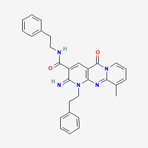 molecular formula C29H27N5O2 B10801525 6-imino-11-methyl-2-oxo-N,7-bis(2-phenylethyl)-1,7,9-triazatricyclo[8.4.0.03,8]tetradeca-3(8),4,9,11,13-pentaene-5-carboxamide 