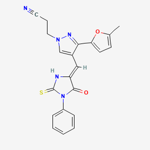 molecular formula C21H17N5O2S B10802146 3-[3-(5-methylfuran-2-yl)-4-[(Z)-(5-oxo-1-phenyl-2-sulfanylideneimidazolidin-4-ylidene)methyl]pyrazol-1-yl]propanenitrile 