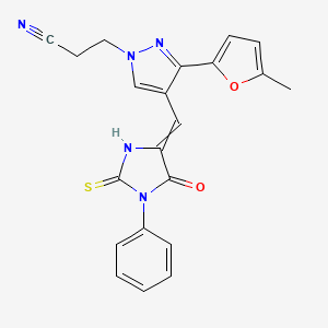 3-[3-(5-Methylfuran-2-yl)-4-[(5-oxo-1-phenyl-2-sulfanylideneimidazolidin-4-ylidene)methyl]pyrazol-1-yl]propanenitrile