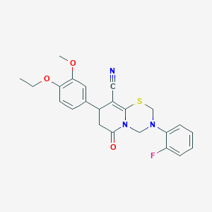 molecular formula C23H22FN3O3S B10803662 8-(4-ethoxy-3-methoxyphenyl)-3-(2-fluorophenyl)-6-oxo-3,4,7,8-tetrahydro-2H,6H-pyrido[2,1-b][1,3,5]thiadiazine-9-carbonitrile 