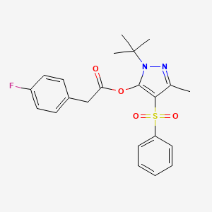 molecular formula C22H23FN2O4S B10803795 [4-(benzenesulfonyl)-2-tert-butyl-5-methylpyrazol-3-yl] 2-(4-fluorophenyl)acetate 