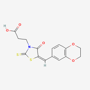 3-[(5E)-5-(2,3-dihydro-1,4-benzodioxin-6-ylmethylidene)-4-oxo-2-sulfanylidene-1,3-thiazolidin-3-yl]propanoic acid