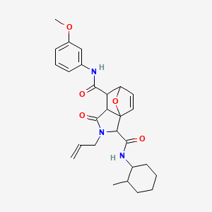 6-N-(3-methoxyphenyl)-2-N-(2-methylcyclohexyl)-4-oxo-3-prop-2-enyl-10-oxa-3-azatricyclo[5.2.1.01,5]dec-8-ene-2,6-dicarboxamide