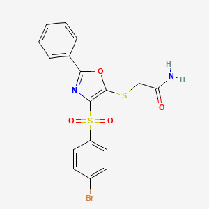 molecular formula C17H13BrN2O4S2 B10804274 2-[[4-(4-Bromophenyl)sulfonyl-2-phenyl-1,3-oxazol-5-yl]sulfanyl]acetamide 