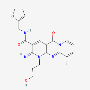 molecular formula C21H21N5O4 B10805119 N-(furan-2-ylmethyl)-7-(3-hydroxypropyl)-6-imino-11-methyl-2-oxo-1,7,9-triazatricyclo[8.4.0.03,8]tetradeca-3(8),4,9,11,13-pentaene-5-carboxamide 