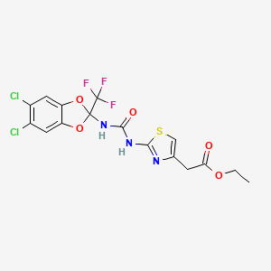 molecular formula C16H12Cl2F3N3O5S B10808206 Ethyl 2-[2-[[5,6-dichloro-2-(trifluoromethyl)-1,3-benzodioxol-2-yl]carbamoylamino]-1,3-thiazol-4-yl]acetate 