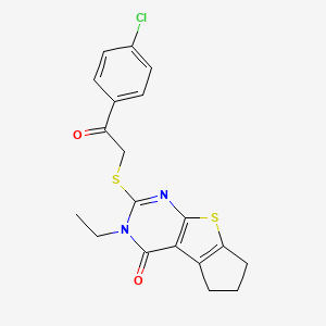 molecular formula C19H17ClN2O2S2 B10812939 2-((2-(4-Chlorophenyl)-2-oxoethyl)thio)-3-ethyl-3,5,6,7-tetrahydro-4H-cyclopenta[4,5]thieno[2,3-d]pyrimidin-4-one 