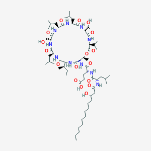 molecular formula C64H114N10O17 B10814144 (4R)-5-[[(3S,6R,9S,12S,15R,18S,21R,24R,25S)-21-[(2R)-butan-2-yl]-6,15-bis(hydroxymethyl)-25-methyl-9,12,18-tris(2-methylpropyl)-2,5,8,11,14,17,20,23-octaoxo-3-propan-2-yl-1-oxa-4,7,10,13,16,19,22-heptazacyclopentacos-24-yl]amino]-4-[[(2S)-2-(3-hydroxytetradecanoylamino)-4-methylpentanoyl]amino]-5-oxopentanoic acid 