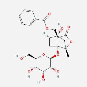 molecular formula C23H28O11 B10817429 [(1R,3R,4R,6S,9R)-4-Hydroxy-6-methyl-8-oxo-1-[(2S,3R,4S,5S,6R)-3,4,5-trihydroxy-6-(hydroxymethyl)oxan-2-yl]oxy-7-oxatricyclo[4.3.0.03,9]nonan-9-yl]methyl benzoate 