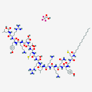 molecular formula C106H179F3N26O27S2 B10817700 (2S)-2-[[(2S)-2-[[(2S)-2-[[(2S)-6-amino-2-[[(2S)-2-[[(2S,3R)-2-[[(2S)-2-[[(2S)-2-[[(2S)-2-[[(2S)-2-[[(2S)-6-amino-2-[[(2S)-6-amino-2-[[(2S)-5-amino-2-[[(2S)-2-[[2-[[(2S)-2-(hexadecanoylamino)-4-methylsulfanylbutanoyl]amino]acetyl]amino]-3-(4-hydroxyphenyl)propanoyl]amino]-5-oxopentanoyl]amino]hexanoyl]amino]hexanoyl]amino]-4-methylpentanoyl]amino]-5-carbamimidamidopentanoyl]amino]-3-hydroxypropanoyl]amino]-4-methylsulfanylbutanoyl]amino]-3-hydroxybutanoyl]amino]-3-carboxypropanoyl]amino]hexanoyl]amino]-3-(4-hydroxyphenyl)propanoyl]amino]-5-carbamimidamidopentanoyl]amino]-4-methylpentanoic acid;2,2,2-trifluoroacetic acid 