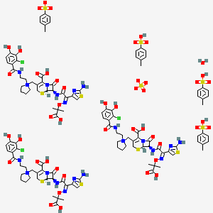 molecular formula C118H138Cl3N21O47S11 B10821225 (6R,7R)-7-[[(2Z)-2-(2-amino-1,3-thiazol-4-yl)-2-(2-carboxypropan-2-yloxyimino)acetyl]amino]-3-[[1-[2-[(2-chloro-3,4-dihydroxybenzoyl)amino]ethyl]pyrrolidin-1-ium-1-yl]methyl]-8-oxo-5-thia-1-azabicyclo[4.2.0]oct-2-ene-2-carboxylic acid;4-methylbenzenesulfonate;4-methylbenzenesulfonic acid;sulfate;hydrate 