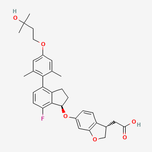 molecular formula C32H35FO6 B10821660 2-((S)-6-((R)-7-Fluoro-4-(4-(3-hydroxy-3-methylbutoxy)-2,6-dimethylphenyl)-2,3-dihydro-1H-inden-1-yloxy)-2,3-dihydrobenzofuran-3-yl)acetic acid 