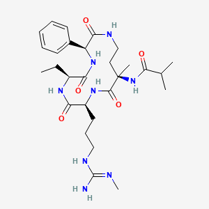 molecular formula C28H44N8O5 B10822816 isobutyryl-D-aMeDab(1)-Arg(Me)(Me)-Abu-Phg-(1) 