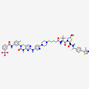 molecular formula C59H68F3N13O6S B10823908 (2S,4R)-1-[(2S)-3,3-dimethyl-2-[5-[4-[5-[[1-methyl-3-[2-methyl-5-[[3-(trifluoromethyl)benzoyl]amino]phenyl]-2-oxo-4H-pyrimido[4,5-d]pyrimidin-7-yl]amino]pyridin-2-yl]piperazin-1-yl]pentanoylamino]butanoyl]-4-hydroxy-N-[(1S)-1-[4-(4-methyl-1,3-thiazol-5-yl)phenyl]ethyl]pyrrolidine-2-carboxamide 