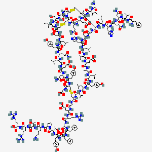 4-[[2-[[88-[[5-amino-2-[[2-[[2-[[2-[(2-aminoacetyl)amino]-3-methylpentanoyl]amino]-3-methylbutanoyl]amino]-4-carboxybutanoyl]amino]-5-oxopentanoyl]amino]-6-[[2-[[2-[[5-amino-2-[[4-amino-2-[[2-[(2-amino-3-phenylpropanoyl)amino]-3-methylbutanoyl]amino]-4-oxobutanoyl]amino]-5-oxopentanoyl]amino]-3-(1H-imidazol-5-yl)propanoyl]amino]-4-methylpentanoyl]amino]-53-(2-amino-2-oxoethyl)-62-(3-amino-3-oxopropyl)-77-butan-2-yl-24,56-bis(2-carboxyethyl)-47-(carboxymethylcarbamoyl)-83-(1-hydroxyethyl)-12,71,80-tris(hydroxymethyl)-33,50,65-tris[(4-hydroxyphenyl)methyl]-15-(1H-imidazol-5-ylmethyl)-27-methyl-18,30,36,59,68-pentakis(2-methylpropyl)-7,10,13,16,19,22,25,28,31,34,37,40,49,52,55,58,61,64,67,70,73,76,79,82,85,87-hexacosaoxo-21,39-di(propan-2-yl)-3,4,44,45,90,91-hexathia-8,11,14,17,20,23,26,29,32,35,38,41,48,51,54,57,60,63,66,69,72,75,78,81,84,86-hexacosazabicyclo[72.11.7]dononacontane-42-carbonyl]amino]acetyl]amino]-5-[[1-[[2-[[1-[[1-[[1-[[1-[2-[[6-amino-1-[[1-[[5-carbamimidamido-1-[(4-carbamimidamido-1-carboxybutyl)amino]-1-oxopentan-2-yl]amino]-3-hydroxy-1-oxobutan-2-yl]amino]-1-oxohexan-2-yl]carbamoyl]pyrrolidin-1-yl]-3-hydroxy-1-oxobutan-2-yl]amino]-3-(4-hydroxyphenyl)-1-oxopropan-2-yl]amino]-1-oxo-3-phenylpropan-2-yl]amino]-1-oxo-3-phenylpropan-2-yl]amino]-2-oxoethyl]amino]-5-carbamimidamido-1-oxopentan-2-yl]amino]-5-oxopentanoic acid