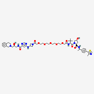 molecular formula C55H76N10O12S B10823971 N-[(2S)-3-(3,4-dihydro-1H-isoquinolin-2-yl)-2-hydroxypropyl]-6-[[1-[2-[2-[2-[2-[2-[2-[[(2R)-1-[(2S,4R)-4-hydroxy-2-[[(1R)-1-[4-(4-methyl-1,3-thiazol-5-yl)phenyl]ethyl]carbamoyl]pyrrolidin-1-yl]-3,3-dimethyl-1-oxobutan-2-yl]amino]-2-oxoethoxy]ethoxy]ethoxy]ethoxy]ethoxy]acetyl]azetidin-3-yl]amino]pyrimidine-4-carboxamide 