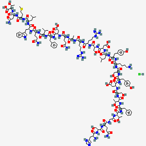 molecular formula C153H226ClN43O49S B10824142 3-[[5-amino-2-[2-[[2-[[2-[[2-[[2-[[2-[[2-[[6-amino-2-[[2-[[2-[[2-[[2-[[2-[[2-[[2-[[2-[[5-amino-2-[[2-[[2-amino-3-(1H-imidazol-5-yl)propanoyl]amino]-3-hydroxypropanoyl]amino]-5-oxopentanoyl]amino]acetyl]amino]-3-hydroxybutanoyl]amino]-3-phenylpropanoyl]amino]-3-hydroxybutanoyl]amino]-3-hydroxypropanoyl]amino]-3-carboxypropanoyl]amino]-3-(4-hydroxyphenyl)propanoyl]amino]-3-hydroxypropanoyl]amino]hexanoyl]amino]-3-(4-hydroxyphenyl)propanoyl]amino]-4-methylpentanoyl]amino]-3-carboxypropanoyl]amino]-3-hydroxypropanoyl]amino]-5-carbamimidamidopentanoyl]amino]-5-carbamimidamidopentanoyl]amino]propanoylamino]-5-oxopentanoyl]amino]-4-[[1-[[1-[[5-amino-1-[[1-[[1-[[1-[[4-amino-1-[(1-carboxy-2-hydroxypropyl)amino]-1,4-dioxobutan-2-yl]amino]-4-methylsulfanyl-1-oxobutan-2-yl]amino]-4-methyl-1-oxopentan-2-yl]amino]-3-(1H-indol-3-yl)-1-oxopropan-2-yl]amino]-1,5-dioxopentan-2-yl]amino]-3-methyl-1-oxobutan-2-yl]amino]-1-oxo-3-phenylpropan-2-yl]amino]-4-oxobutanoic acid;hydrochloride 