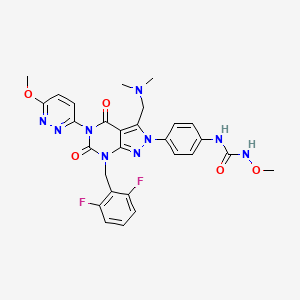 molecular formula C28H27F2N9O5 B10824770 1-[4-[7-[(2,6-difluorophenyl)methyl]-3-[(dimethylamino)methyl]-5-(6-methoxypyridazin-3-yl)-4,6-dioxopyrazolo[3,4-d]pyrimidin-2-yl]phenyl]-3-methoxyurea 