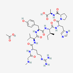 molecular formula C45H71N13O12 B10825502 acetic acid;(2R)-2-[[(2S)-1-[(2S)-2-[[(2S,3S)-2-[[(2S)-2-[[(2S)-2-[[(2S)-5-(diaminomethylideneamino)-2-[[2-(methylamino)acetyl]amino]pentanoyl]amino]-3-methylbutanoyl]amino]-3-(4-hydroxyphenyl)propanoyl]amino]-3-methylpentanoyl]amino]-3-(1H-imidazol-5-yl)propanoyl]pyrrolidine-2-carbonyl]amino]propanoic acid 