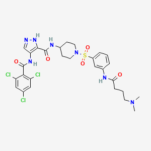 molecular formula C28H32Cl3N7O5S B10825826 N-[1-[3-[4-(dimethylamino)butanoylamino]phenyl]sulfonylpiperidin-4-yl]-4-[(2,4,6-trichlorobenzoyl)amino]-1H-pyrazole-5-carboxamide 