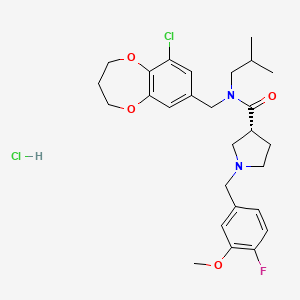 molecular formula C27H35Cl2FN2O4 B10825886 (3R)-N-[(6-chloro-3,4-dihydro-2H-1,5-benzodioxepin-8-yl)methyl]-1-[(4-fluoro-3-methoxyphenyl)methyl]-N-(2-methylpropyl)pyrrolidine-3-carboxamide;hydrochloride 