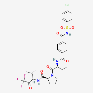 molecular formula C30H34ClF3N4O7S B10826356 4-N-(4-chlorophenyl)sulfonyl-1-N-[(2S)-3-methyl-1-oxo-1-[(2S)-2-[(1,1,1-trifluoro-4-methyl-2-oxopentan-3-yl)carbamoyl]pyrrolidin-1-yl]butan-2-yl]benzene-1,4-dicarboxamide 