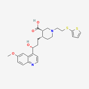 molecular formula C25H30N2O4S2 B10826397 3-Piperidinecarboxylic acid, 4-((3R)-3-hydroxy-3-(6-methoxy-4-quinolinyl)propyl)-1-(2-(2-thienylthio)ethyl)-, (3S,4S)-rel- CAS No. 710944-85-7