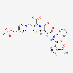 molecular formula C28H25N6O10S2- B10826942 (6R,7R)-7-[[(2R)-2-[(5-carboxy-1H-imidazole-4-carbonyl)amino]-2-phenylacetyl]amino]-8-oxo-3-[[4-(2-sulfonatoethyl)pyridin-1-ium-1-yl]methyl]-5-thia-1-azabicyclo[4.2.0]oct-2-ene-2-carboxylate 