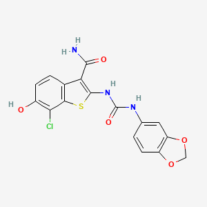 molecular formula C17H12ClN3O5S B10827038 2-(1,3-Benzodioxol-5-ylcarbamoylamino)-7-chloro-6-hydroxy-benzothiophene-3-carboxamide 