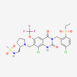 molecular formula C25H27Cl2F3N4O7S2 B10827110 N-{(S)-1-[8-Chloro-3-(5-chloro-2-ethanesulfonyl-benzyl)-2,4-dioxo-6-trifluoromethoxy-1,2,3,4-tetrahydro-quinazolin-7-ylmethyl]-pyrrolidin-2-ylmethyl}-methanesulfonamide 