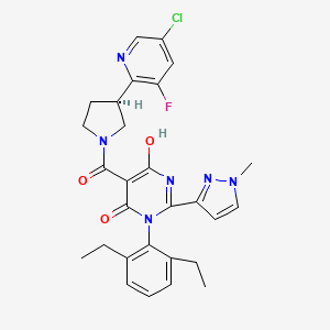 molecular formula C28H28ClFN6O3 B10827827 5-[(3R)-3-(5-chloro-3-fluoropyridin-2-yl)pyrrolidine-1-carbonyl]-3-(2,6-diethylphenyl)-6-hydroxy-2-(1-methylpyrazol-3-yl)pyrimidin-4-one 