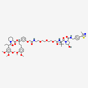 molecular formula C68H90N6O17S B10828540 [3-(3,4-Dimethoxyphenyl)-1-[3-[2-[2-[2-[2-[2-[[1-[4-hydroxy-2-[[4-(4-methyl-1,3-thiazol-5-yl)phenyl]methylcarbamoyl]pyrrolidin-1-yl]-3,3-dimethyl-1-oxobutan-2-yl]amino]-2-oxoethoxy]ethoxy]ethoxy]ethylamino]-2-oxoethoxy]phenyl]propyl] 1-[2-(3,4,5-trimethoxyphenyl)butanoyl]piperidine-2-carboxylate 