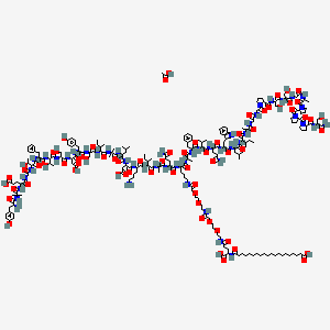 molecular formula C227H352N48O70 B10829478 acetic acid;20-[[4-[2-[2-[2-[2-[2-[2-[[5-[[5-amino-2-[2-[[2-[[6-amino-2-[[2-[[2-[[2-[[2-[[2-[[2-[[2-[[2-[[2-[[2-[[2-[[2-[[2-[[2-[[2-amino-3-(4-hydroxyphenyl)propanoyl]amino]-2-methylpropanoyl]amino]-4-carboxybutanoyl]amino]acetyl]amino]-3-hydroxybutanoyl]amino]-3-phenylpropanoyl]amino]-3-hydroxybutanoyl]amino]-3-hydroxypropanoyl]amino]-3-carboxypropanoyl]amino]-3-(4-hydroxyphenyl)propanoyl]amino]-3-hydroxypropanoyl]amino]-3-methylpentanoyl]amino]-2-methylpropanoyl]amino]-4-methylpentanoyl]amino]-3-carboxypropanoyl]amino]hexanoyl]amino]-3-methylpentanoyl]amino]propanoylamino]-5-oxopentanoyl]amino]-6-[[1-[[1-[[1-[[5-amino-1-[[1-[[1-[[1-[[1-[[2-[[2-[2-[[1-[[1-[[2-[[1-[2-[2-[2-[(1-amino-3-hydroxy-1-oxopropan-2-yl)carbamoyl]pyrrolidine-1-carbonyl]pyrrolidine-1-carbonyl]pyrrolidin-1-yl]-1-oxopropan-2-yl]amino]-2-oxoethyl]amino]-3-hydroxy-1-oxopropan-2-yl]amino]-3-hydroxy-1-oxopropan-2-yl]carbamoyl]pyrrolidin-1-yl]-2-oxoethyl]amino]-2-oxoethyl]amino]-1-oxopropan-2-yl]amino]-3-methyl-1-oxopentan-2-yl]amino]-4-methyl-1-oxopentan-2-yl]amino]-3-(1H-indol-3-yl)-1-oxopropan-2-yl]amino]-1,5-dioxopentan-2-yl]amino]-3-methyl-1-oxobutan-2-yl]amino]-1-oxo-3-phenylpropan-2-yl]amino]-1-oxopropan-2-yl]amino]-6-oxohexyl]amino]-2-oxoethoxy]ethoxy]ethylamino]-2-oxoethoxy]ethoxy]ethylamino]-1-carboxy-4-oxobutyl]amino]-20-oxoicosanoic acid 