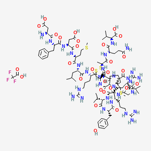 molecular formula C99H156F3N29O28S4 B10829705 (2S)-2-[[(2S)-5-amino-2-[[(2S)-2-[[(3S,6S,9S,12S,18S,21S,24R,29R,32S)-24-[[(2S)-2-[[(2S)-2-[[(2S)-2-[[(2S)-2-[[(2S)-2-[[(2S)-2-amino-3-carboxypropanoyl]amino]-3-phenylpropanoyl]amino]-3-carboxypropanoyl]amino]-4-methylsulfanylbutanoyl]amino]-4-methylpentanoyl]amino]-5-carbamimidamidopentanoyl]amino]-3,12-bis(3-carbamimidamidopropyl)-6-[(4-hydroxyphenyl)methyl]-18-(2-methylpropyl)-21-(2-methylsulfanylethyl)-2,5,8,11,14,17,20,23,31-nonaoxo-9-propan-2-yl-26,27-dithia-1,4,7,10,13,16,19,22,30-nonazabicyclo[30.3.0]pentatriacontane-29-carbonyl]amino]propanoyl]amino]-5-oxopentanoyl]amino]-3-methylbutanoic acid;2,2,2-trifluoroacetic acid 