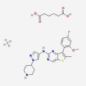 molecular formula C29H37FN6O5S B10830195 7-(4-fluoro-2-methoxyphenyl)-6-methyl-N-(1-piperidin-4-ylpyrazol-4-yl)thieno[3,2-d]pyrimidin-2-amine;hexanedioic acid;methane 