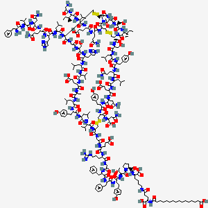 16-[[(1S)-4-[[(5S)-5-[[(2S)-1-[(2S,3R)-2-[[(2S)-2-[[(2S)-2-[[(2S)-2-[[2-[[(2S)-2-[[(2S)-2-[[2-[[(1R,6R,12S,15S,18S,21S,24S,27S,30S,33S,36S,39S,42R,47R,50S,53S,56S,59S,62S,65S,68S,71S,74R,77S,80S,83S,88R)-88-[[(2S)-5-amino-2-[[(2S)-2-[[(2S)-2-[[(2S,3S)-2-[(2-aminoacetyl)amino]-3-methylpentanoyl]amino]-3-methylbutanoyl]amino]-4-carboxybutanoyl]amino]-5-oxopentanoyl]amino]-6-[[(2S)-2-[[(2S)-2-[[(2S)-5-amino-2-[[(2S)-4-amino-2-[[(2S)-2-[[(2S)-2-amino-3-phenylpropanoyl]amino]-3-methylbutanoyl]amino]-4-oxobutanoyl]amino]-5-oxopentanoyl]amino]-3-(1H-imidazol-4-yl)propanoyl]amino]-4-methylpentanoyl]amino]-47-[[(1S)-3-amino-1-carboxy-3-oxopropyl]carbamoyl]-53-(2-amino-2-oxoethyl)-62-(3-amino-3-oxopropyl)-77-[(2S)-butan-2-yl]-24,56-bis(2-carboxyethyl)-83-[(1R)-1-hydroxyethyl]-12,71,80-tris(hydroxymethyl)-33,50,65-tris[(4-hydroxyphenyl)methyl]-15-(1H-imidazol-4-ylmethyl)-27-methyl-18,30,36,59,68-pentakis(2-methylpropyl)-7,10,13,16,19,22,25,28,31,34,37,40,49,52,55,58,61,64,67,70,73,76,79,82,85,87-hexacosaoxo-21,39-di(propan-2-yl)-3,4,44,45,90,91-hexathia-8,11,14,17,20,23,26,29,32,35,38,41,48,51,54,57,60,63,66,69,72,75,78,81,84,86-hexacosazabicyclo[72.11.7]dononacontane-42-carbonyl]amino]acetyl]amino]-4-carboxybutanoyl]amino]-5-carbamimidamidopentanoyl]amino]acetyl]amino]-3-phenylpropanoyl]amino]-3-phenylpropanoyl]amino]-3-(4-hydroxyphenyl)propanoyl]amino]-3-hydroxybutanoyl]pyrrolidine-2-carbonyl]amino]-5-carboxypentyl]amino]-1-carboxy-4-oxobutyl]amino]-16-oxohexadecanoic acid